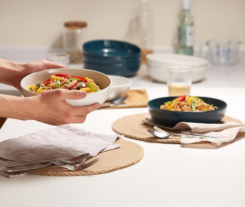 KooK Ceramic Pasta & Salad Bowls - Large Capacity, Microwave & Dishwasher Safe, Set of 4 | 40 Oz, White