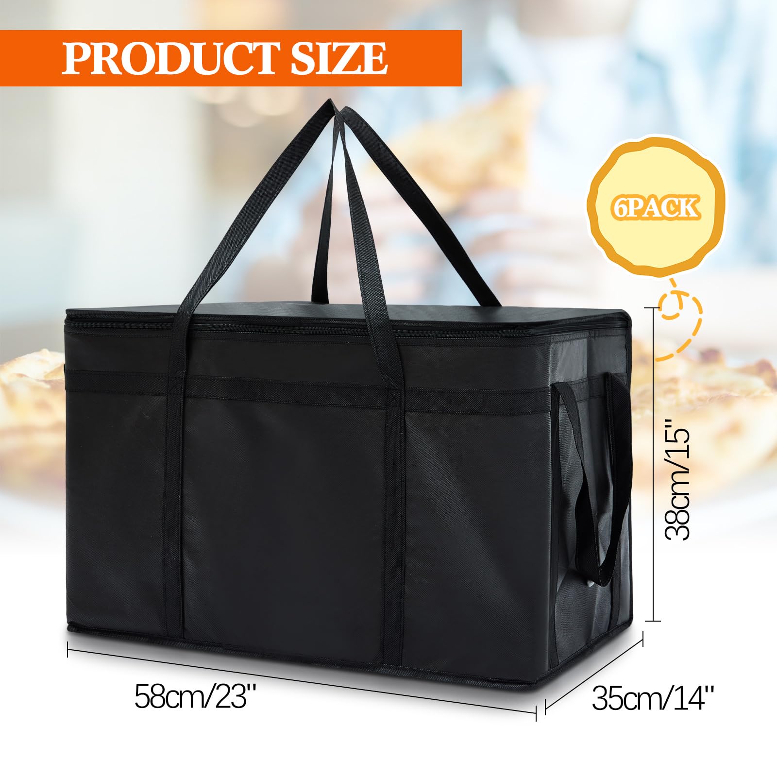 Maxcheck 6 Pcs Insulated Bags for Food Delivery XXXL Large Capacity Hot Grocery Tote Bag Reusable Warming Pizza Catering Carrier for Commercial Travel Lunch Shopping Gifts (Black)