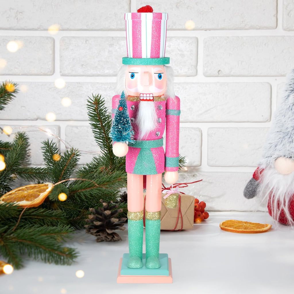 MicoSim Christmas Nutcracker Decor,15" Wooden Nutcracker Decorations,Collects Nutcracker Ornament for Festival Party Outdoor Xmas Gifts (Pink Christmas Tree)…