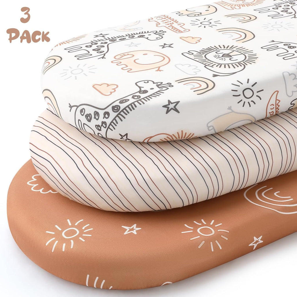 Yoofoss Bassinet Sheets - 3-Pack Fitted Set for Halo Bassinest & Baby Delight | Soft, Breathable, Brown & Animal Prints