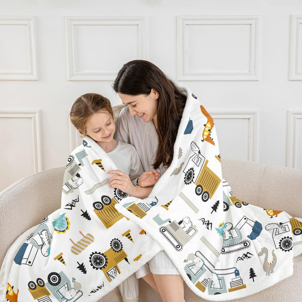 Construction Sherpa Blanket 40"x50" Equipment Trucks Fleece Throw for Kids Boys Girls Decor Dinosaur Plush 3D Digital Print Yellow Fuzzy Bedroom