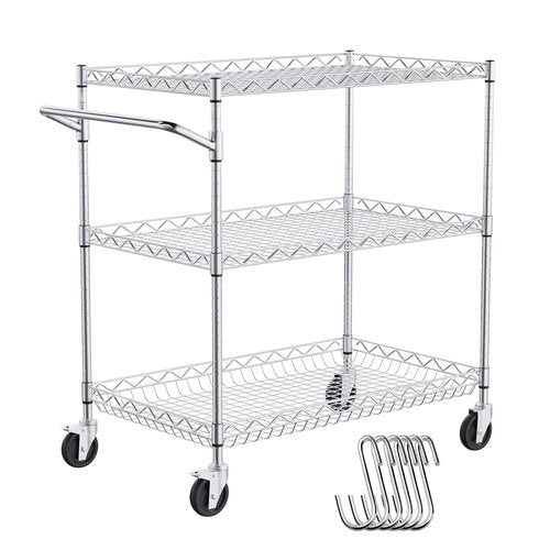 VEVOR Kitchen Utility Cart, 3 Tiers, Wire Rolling Table with 661 LBS Capacity, Steel Service Desk on Wheels, Metal Storage Trolley with 80 mm Deep Basket Curved Handle 6 Hooks
