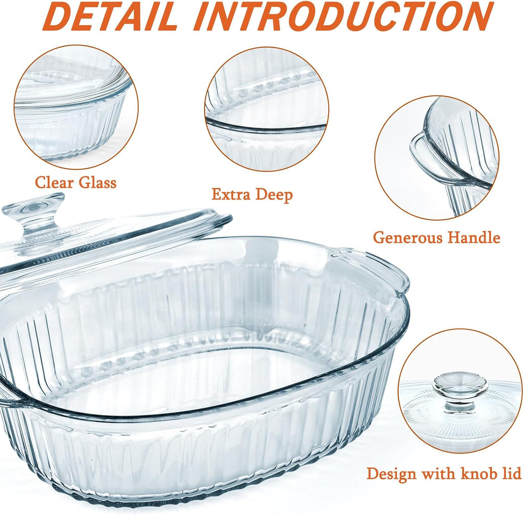 Reasim Glass Casserole Baking Dish - 2.8L/3Qt Oval Dish with Lid | Oven, Freezer & Microwave Safe