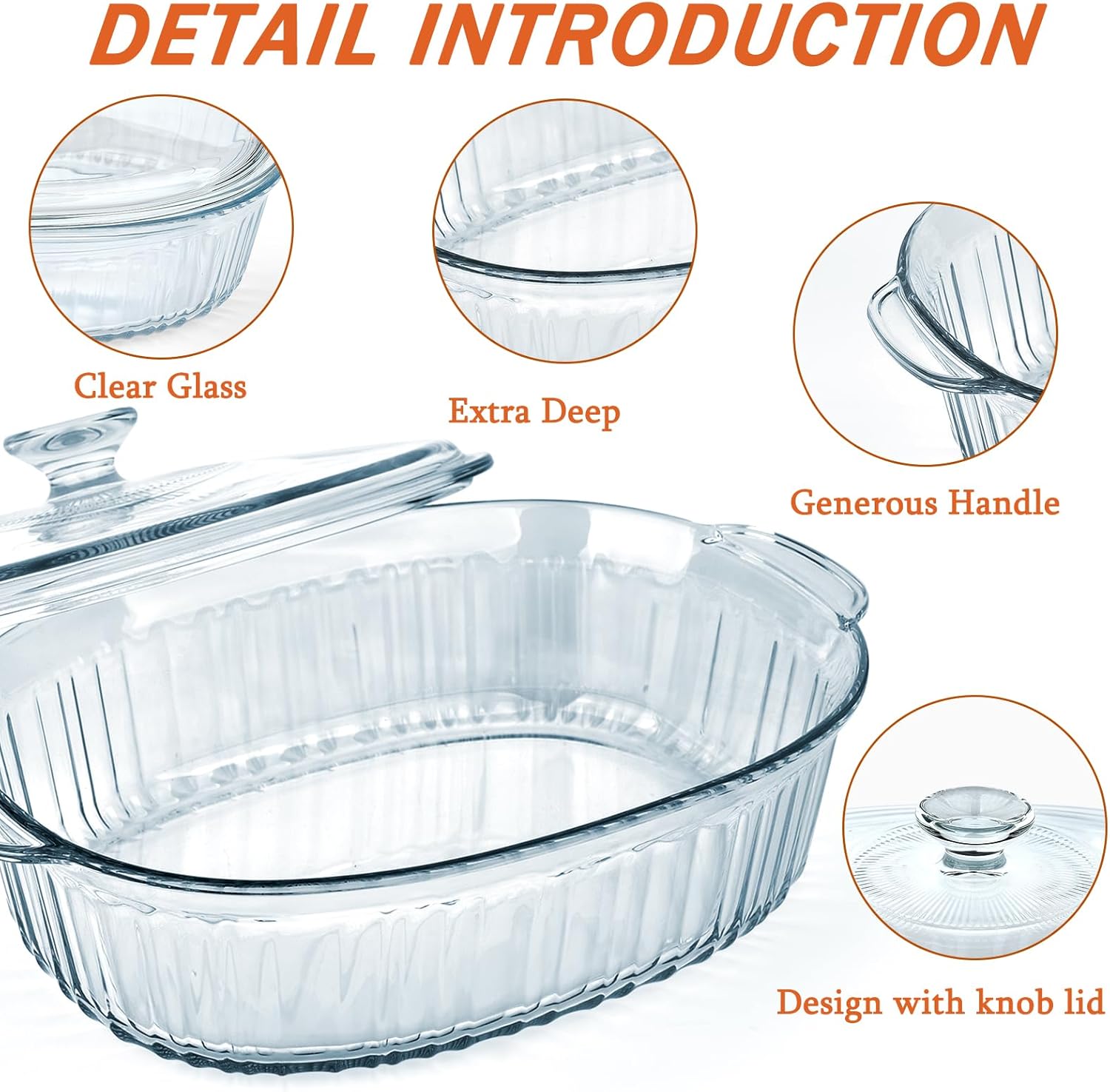 Reasim Glass Casserole Baking Dish - 2.8L/3Qt Oval Dish with Lid | Oven, Freezer & Microwave Safe