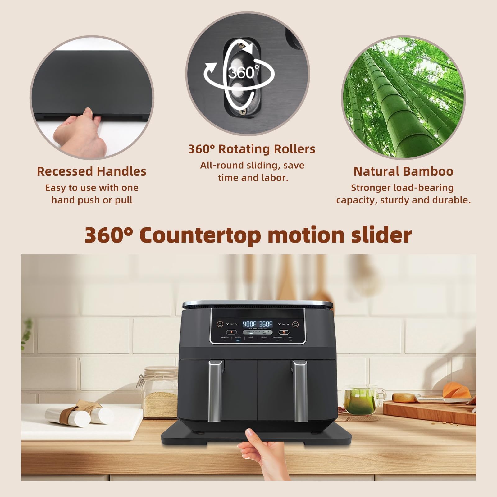 360° Rolling Tray Bamboo Appliance Slider for Kitchen Appliances, for Breville Espresso Machine Accessories, Sliding Tray for Coffee Maker Appliances Mat Easily from Under The Cabinet Black 13"×15.7"
