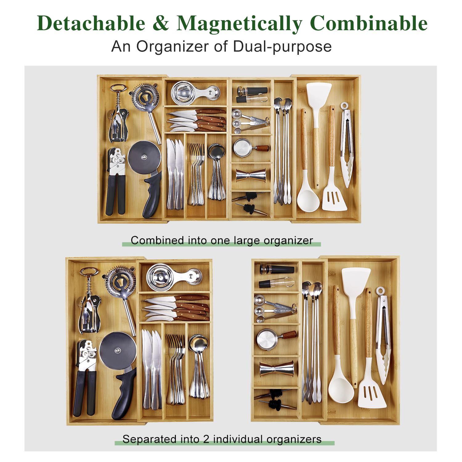 MH MYLUNE HOME Large Bamboo Expandable Drawer Organizer, Silverware Organizer for Drawers, 16 to 30 Inches Wide, 7-13 Slots, Kitchen Drawer Organizers for Utensils, Bamboo Wood Cutlery Organizers