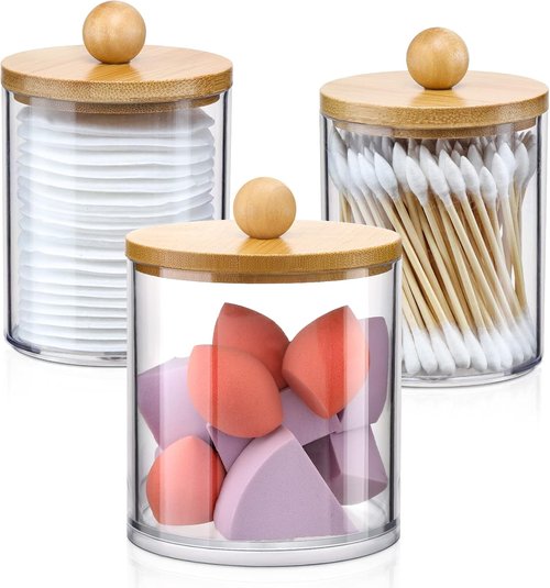 Apothecary Jar Qtip Holder Dispenser Set - 3 Pack Bamboo Lids for Stylish Vanity Storage