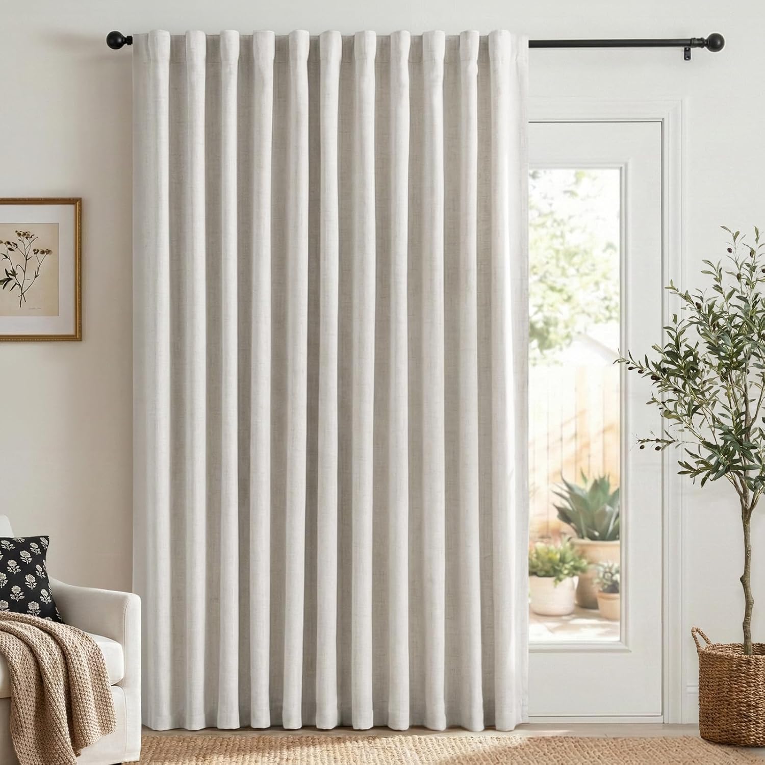 Skiennix 100% Blackout Linen Curtains - Thermal Insulated Drapes for Bedroom | 100" W x 96" L, Beige