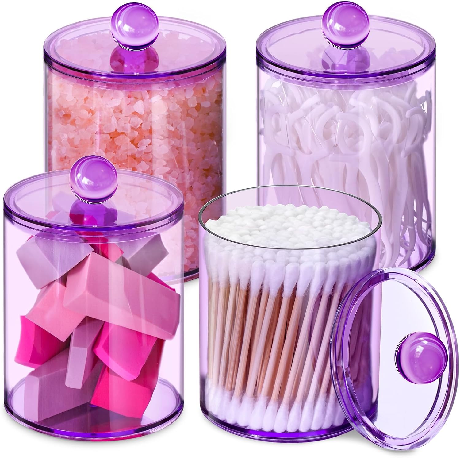 XIPENGKEJI Qtip Holder Set - 4 Pack Apothecary Jars with Lids for Bathroom Organization | 10oz-12oz Purple Canisters