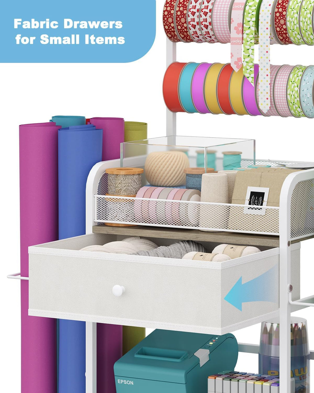 Rsaayekkt Wrapping Paper Storage Cart - Rolling Gift Wrap Station with Fabric Drawer & Ribbon Holder | Metal Craft Organizer