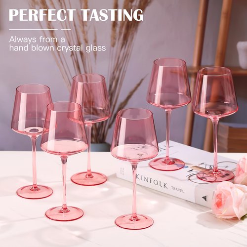 Physkoa Pink Wine Glasses Set of 6-16oz Hand-Blown Pink Wine Glass with Long Stem, Unique Red&White Wine Glasses For Party Home Bar New Year Gifts