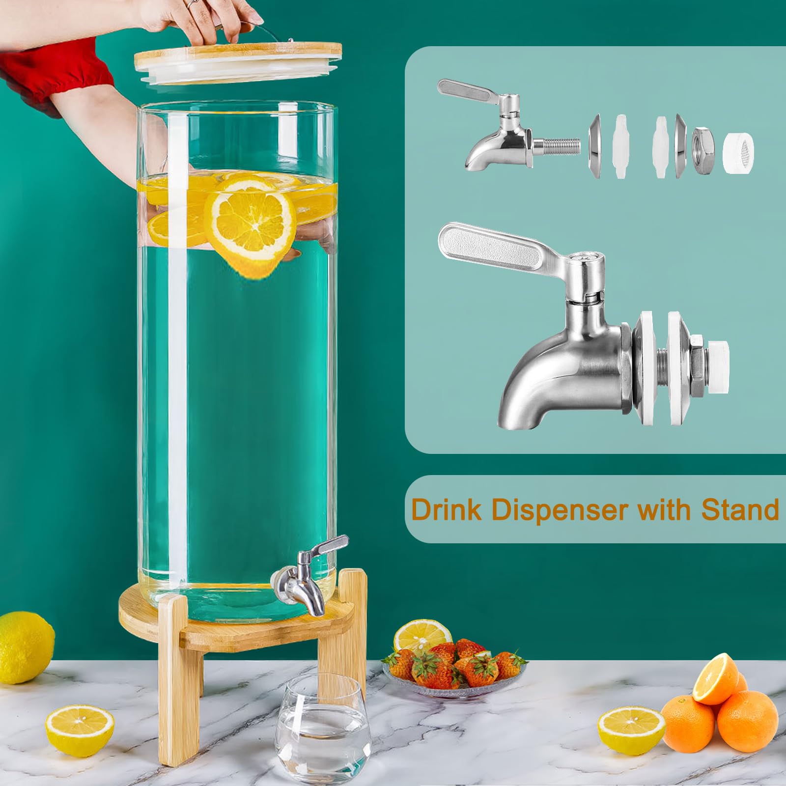 Glass Drink Dispenser,4.1 Gallon Water Dispenser with Stand,Glass Beverage Dispenser with Spigot - Large Drink Dispensers for Parties,Wedding,Bars,Restaurants