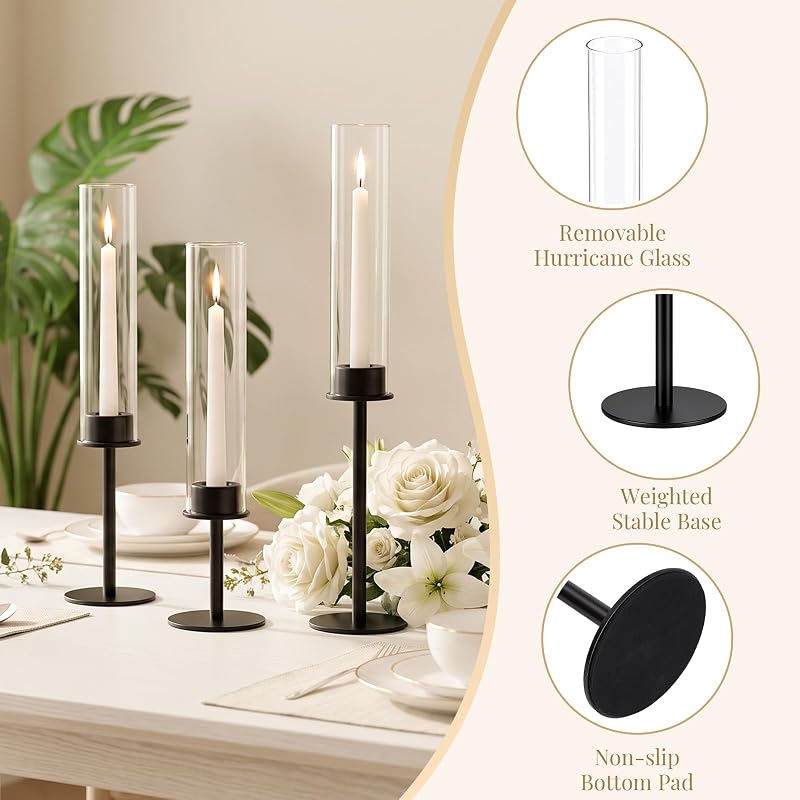 Black Candle Holders Set of 6 - Modern Hurricane with Glass Cylinders (Variation: Black+6)