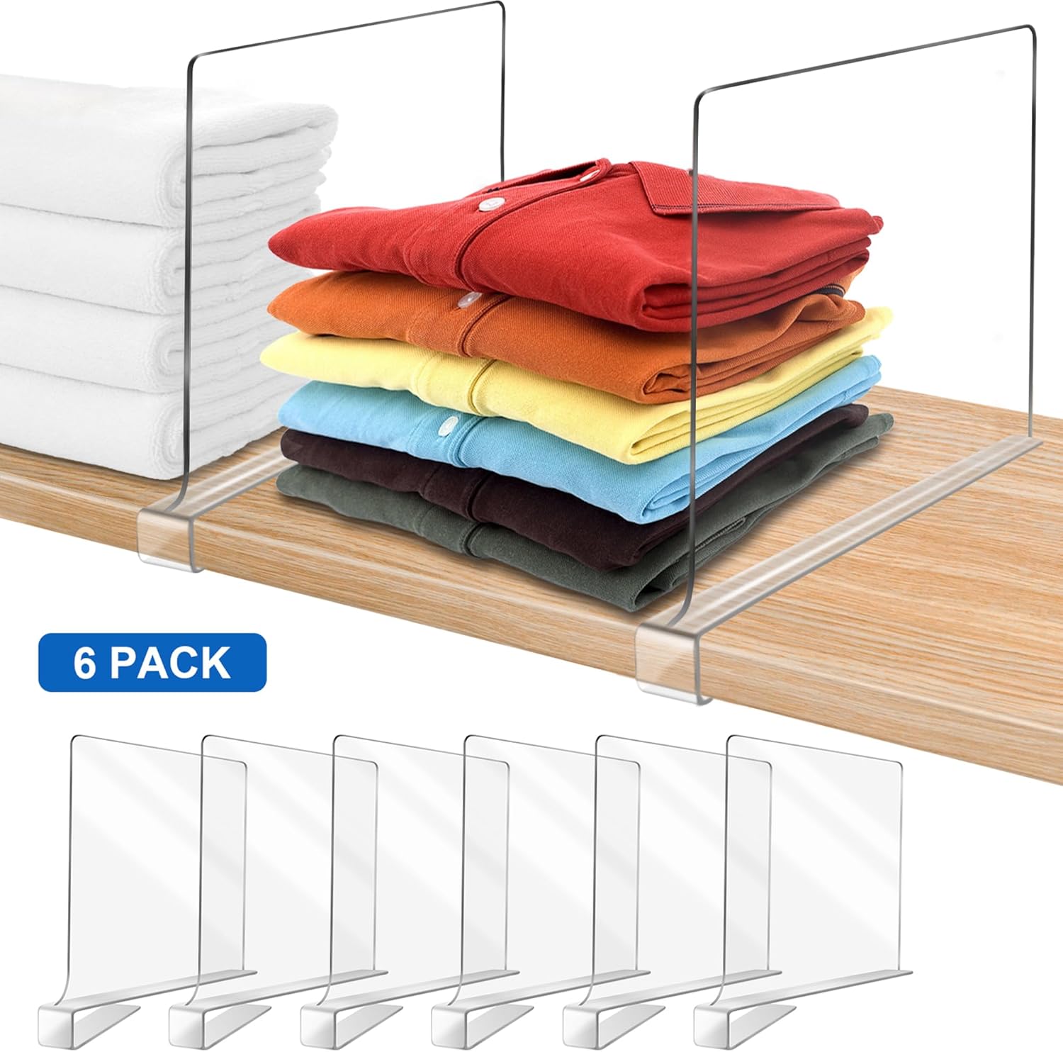 Skiennix 12-Inch Clear Shelf Dividers - Extra Tall Closet Organizers | 6-Pack Acrylic Purse Storage