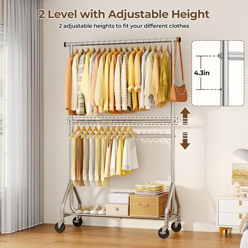 HYSEYY Heavy Duty Clothes Rack - Adjustable Double Rod Garment Rack for Bedroom & Laundry | Silver