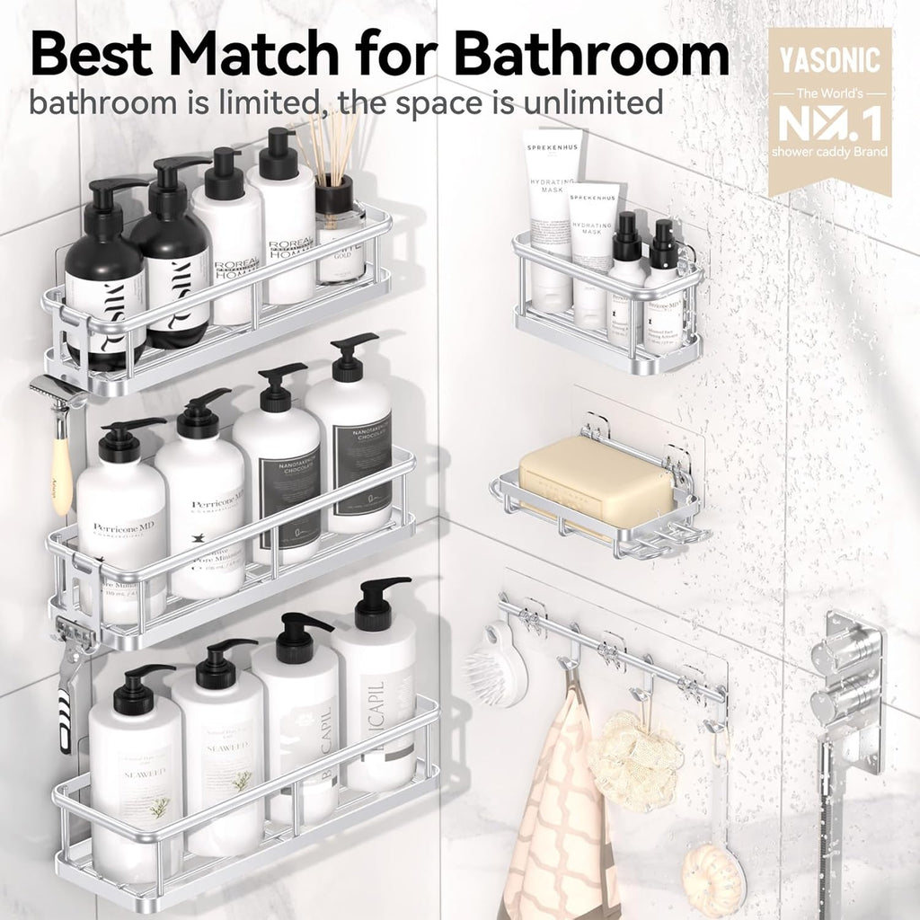 YASONIC Shower Caddy - Large Capacity Bath Organizer with Soap Holder & 12 Hooks | Rustproof Silver Shelves