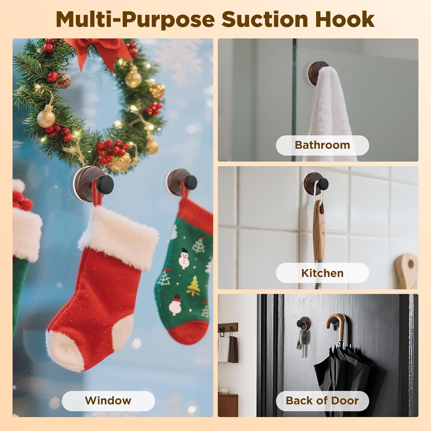 OUTXE Suction Cup Wreath Hanger - Heavy Duty Hook for Front Door & Glass Window | 2-Pack, Walnut