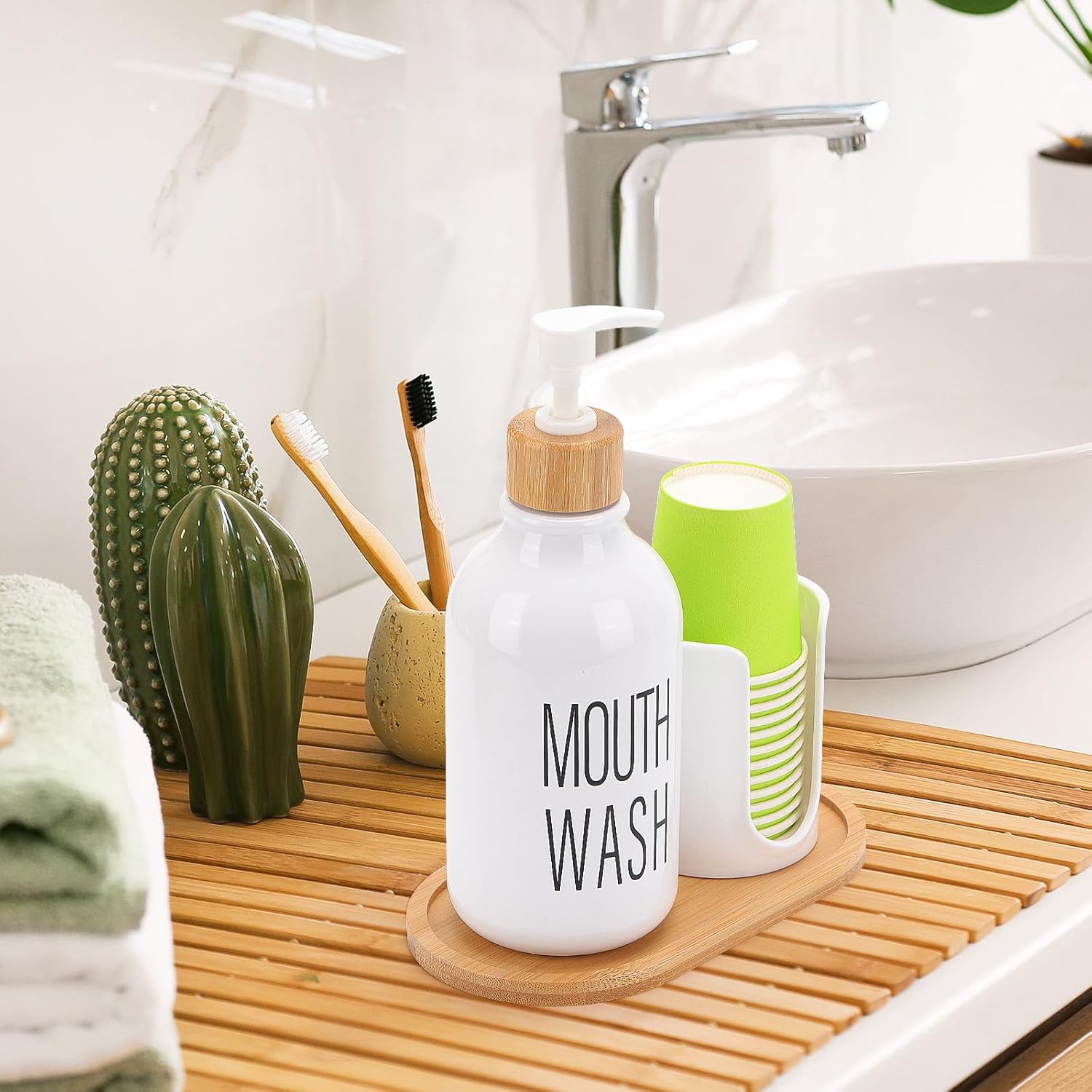 Skiennix Mouthwash Dispenser - Refillable 17oz Pump Bottle with Cup Holder & Tray for Bathroom Organization