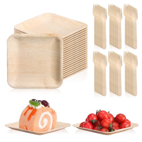 Irenare 200 Pcs Palm Leaf Plates and Wooden Forks Set, 6 Inch Bamboo Square Disposable Party Plates Compostable Tableware for Appetizers Wedding Picnic Dessert BBQ Camping Events