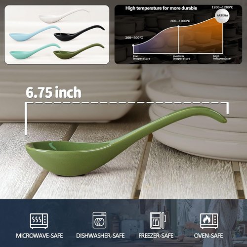 Artena 6.75-Inch Solid Asian Soup Spoon Set of 6 | Ultra-Fine Porcelain Ramen Spoons - Green