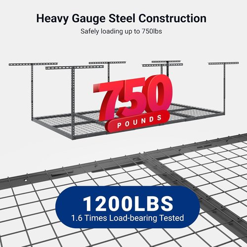 FLEXIMOUNTS 4x8 Overhead Garage Storage Rack - Heavy-Duty Metal Ceiling Organizer | 750lbs Capacity, Hammertone Finish