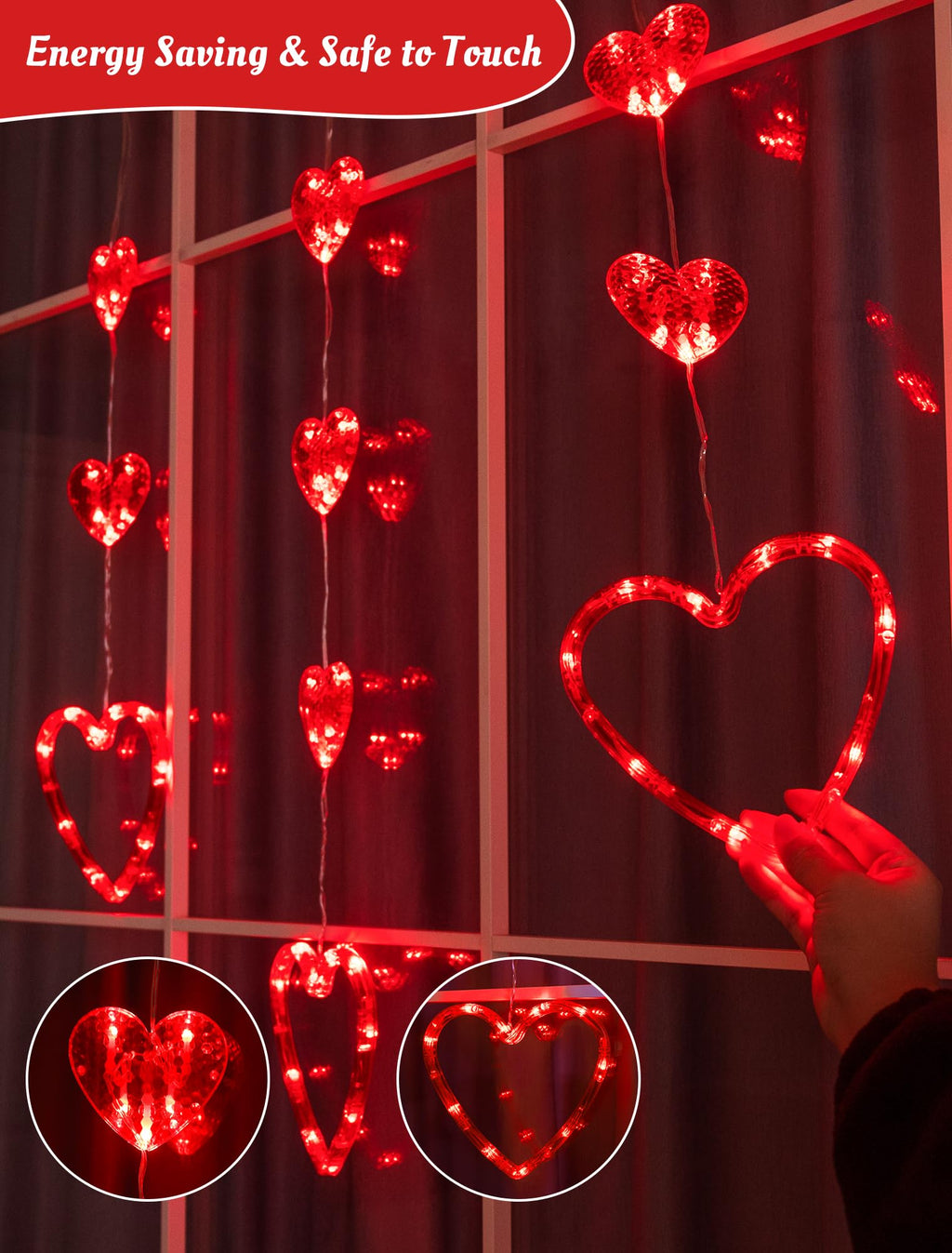 MYGOTO Valentines Day Window Lights, 65 LED 10 Red Heart Lights USB/Battery Operated, Timer Memory with 8 Modes Hanging Valentines Decorations Light for Valentine's Day Anniversary Wedding Decor