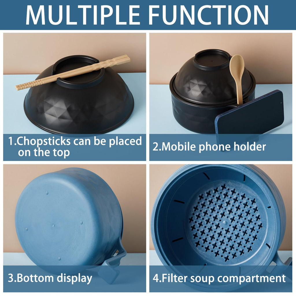 Romooa 2 Sets Microwave Ramen Bowl 40 oz Wheat Fiber Portable Instant Noodle Cooker Bowl with Handles Strainer Spoon Chopstick Fork College Dorm Room Apartment Essentials(Black,Dark Blue)