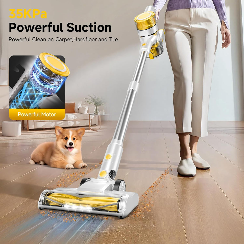 Skiennix Cordless Vacuum Cleaner - 35Kpa Powerful Suction, 45-Minute Runtime, LED Display, Anti-Tangle | Yellow