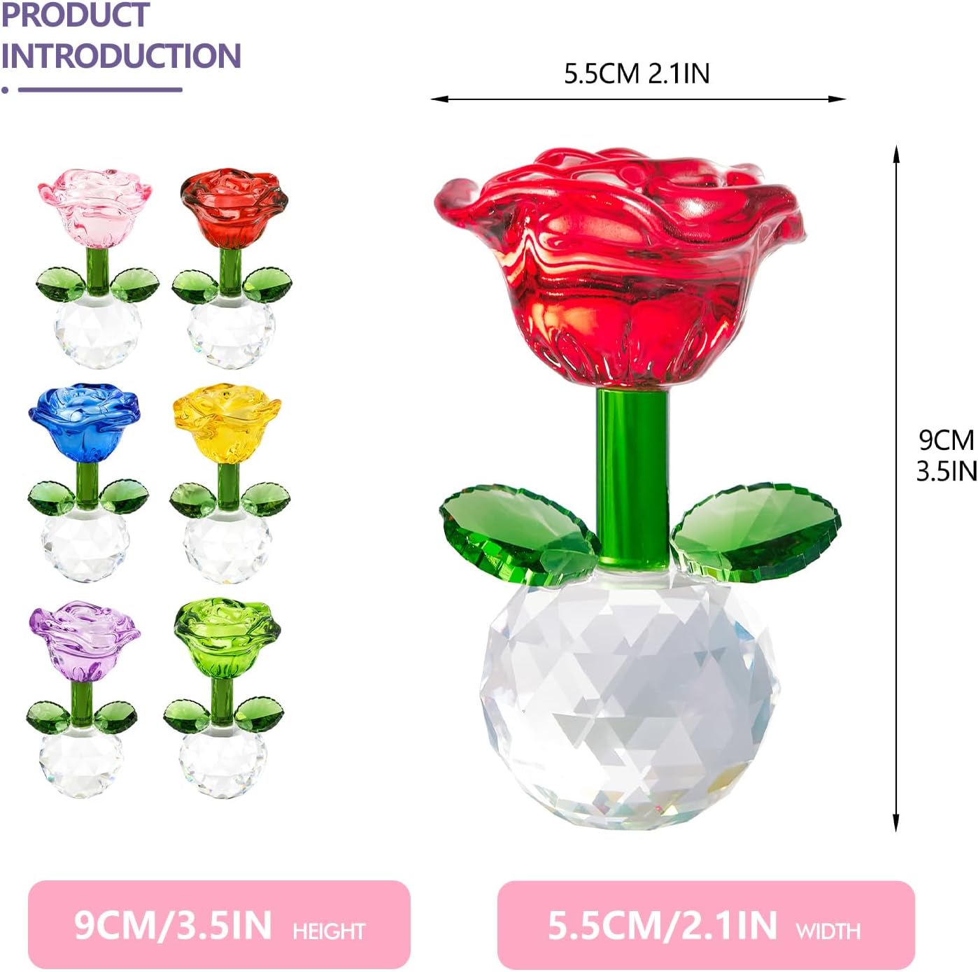 Regine Switzerland Crystal Glass Rose Flowers Figurines - Colorful Blown Glass Centerpieces | Set of 6 (3.5in)