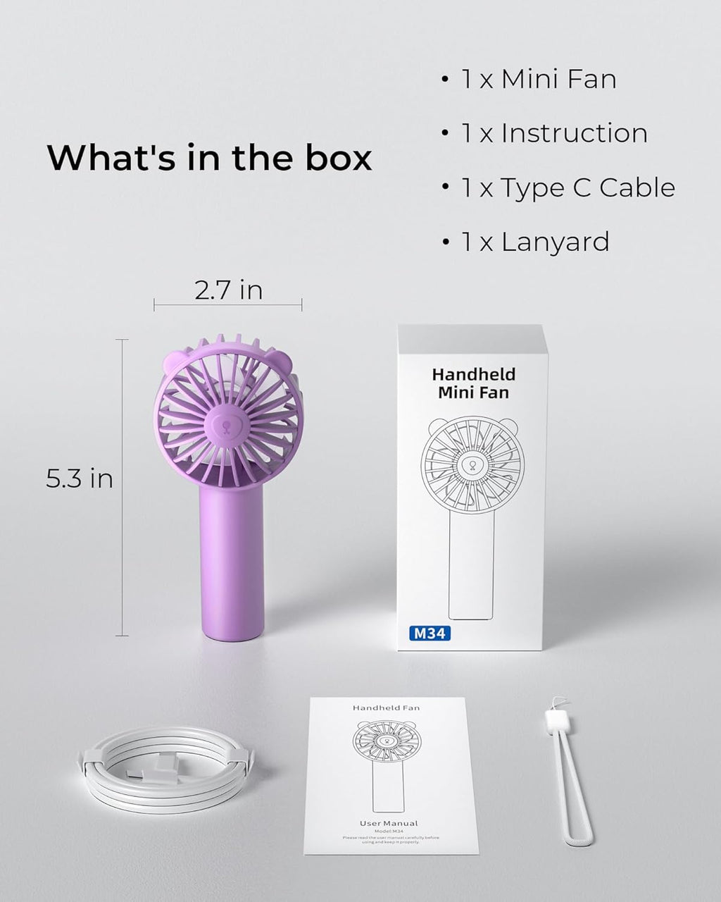 Skiennix Mini Portable Fan - 3 Speed USB-C Rechargeable, 2000mAh Battery, Quiet & Stylish for Travel
