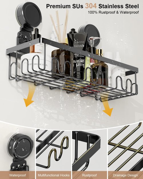 JOTPE Suction Cup Shower Shelf, 5 Pack Powerful Suction Cup Caddy with Hooks & Soap Holder, Drill-Free Wall Mounted Suction Basket, Large Capacity Removable Bathroom Storage, Hanging Up to 40lb/18KG