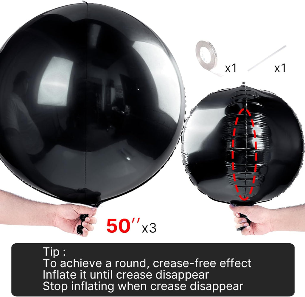 PartyWoo Black Foil Balloons - 50 Inch Jumbo Round Mylar Balloons for Halloween & Birthday Celebrations