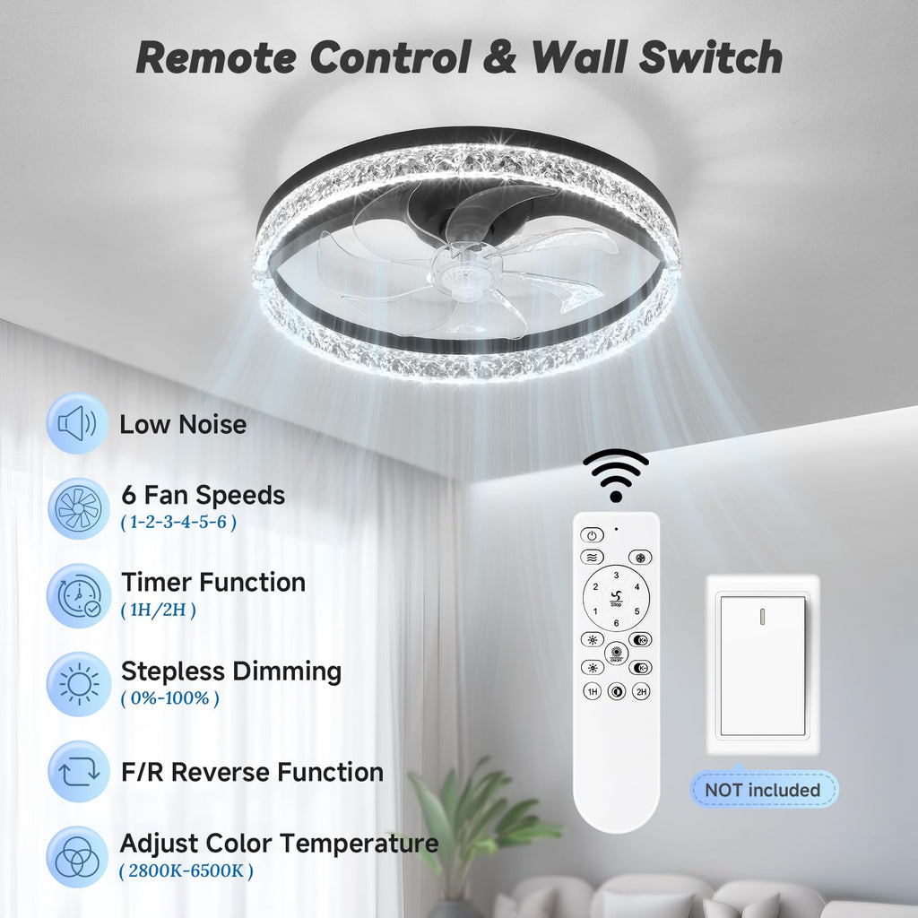 FOLKSMATE Ceiling Fan with Light and Remote, Low Profile Flush Mount Crystal Fandelier, Modern 6 Speeds Quiet Reversible, 2800-6500K Dimmable LED, Timer Fan Light for Bedroom Living Room Kitchen