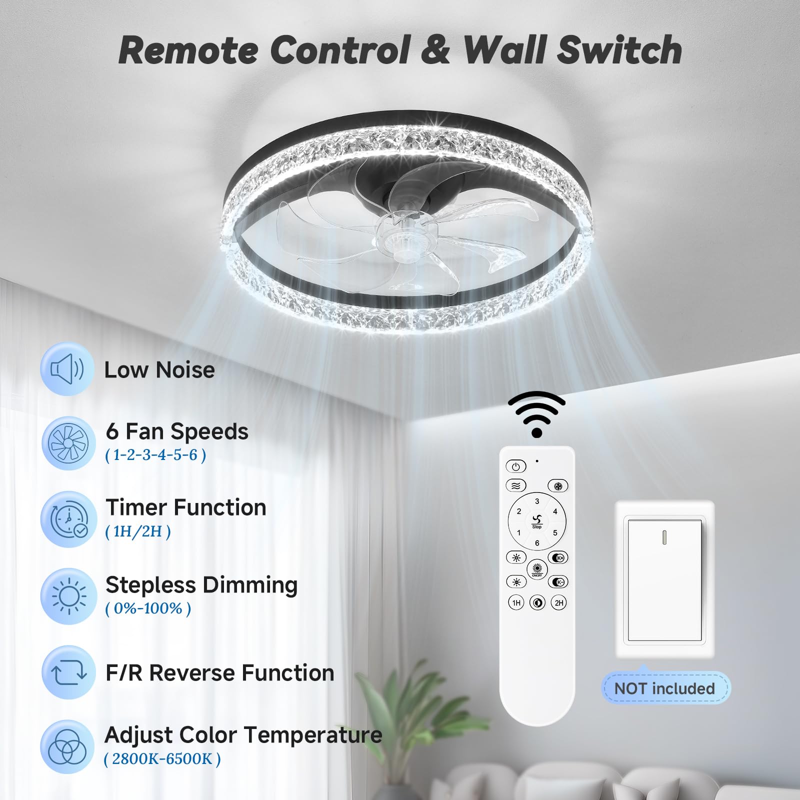 FOLKSMATE Ceiling Fan with Light and Remote, Low Profile Flush Mount Crystal Fandelier, Modern 6 Speeds Quiet Reversible, 2800-6500K Dimmable LED, Timer Fan Light for Bedroom Living Room Kitchen