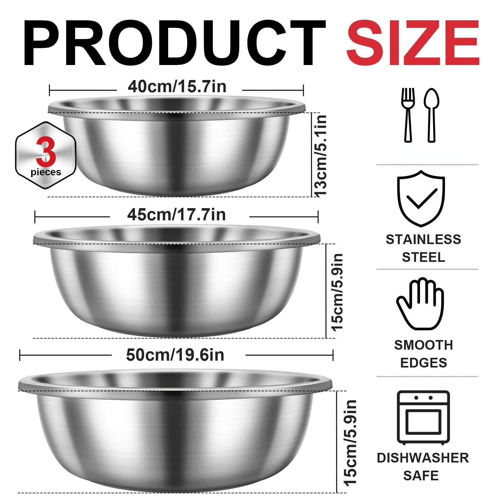 Domensi Set of 3 Extra Large Stainless Steel Mixing Bowls Large Mixing Container Easy to Clean, Nesting Bowls for Space Saving Storage for Cooking, Baking(201 Stainless Steel,13, 16, 20 Quart)