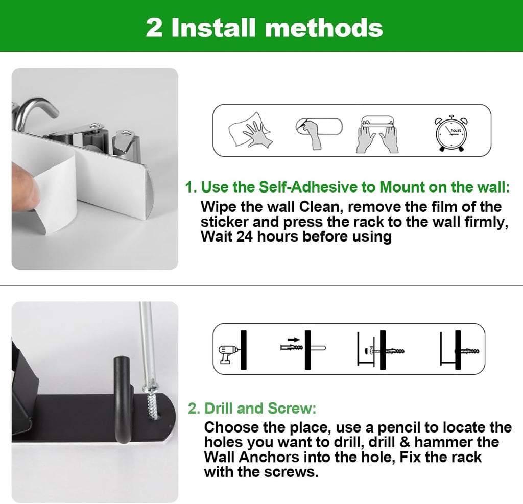 Voze Mop and Broom Holder - 2 Racks & 3 Hooks, Heavy-Duty Wall Mount Organizer for Kitchen & Garage