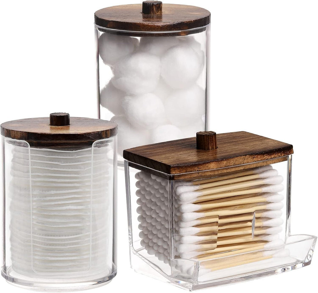 Tbestmax Bathroom Organizer Set - 3-Piece Apothecary Jar Set with Wood Lids for Q-Tips & Cotton Balls