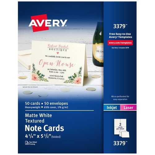 Avery Printable Note Cards, Envelopes Included, 4.25" x 5.5", Textured White, Laser & Inkjet Compatible, 50 Blank Cards Total, Great for Product Branding, Marketing, and More (3379)