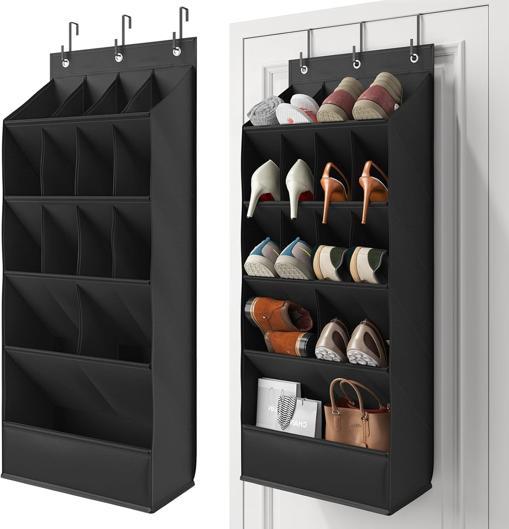 Skiennix Over The Door Shoe Organizer - 18 Pairs Hanging Shoe Rack with Large Breathable Pockets | Black