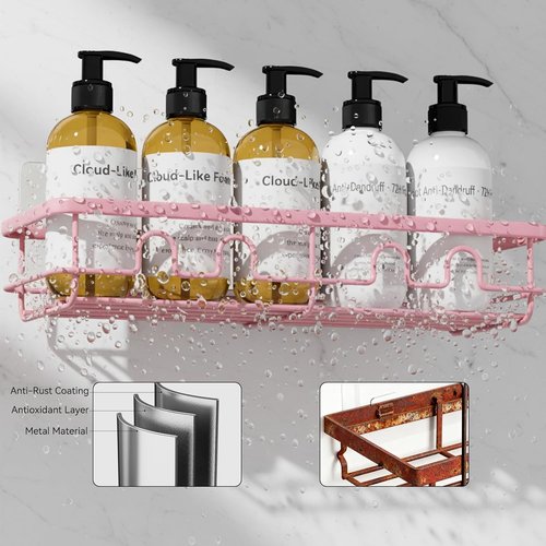 Adhesive Shower Caddy | Large Capacity No-Drill Bathroom Organizer - 2 Pack Pink Shelves for Home Decor