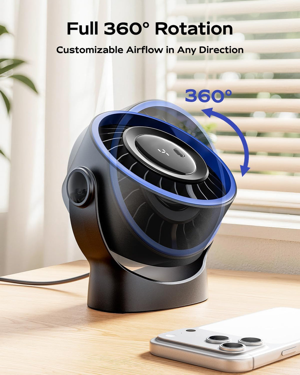 Sweetfull USB Small Desk Fan - 5-Inch Mini Personal Fan with 4 Speeds, 360° Adjustable Tilt, Quiet & Portable - Black