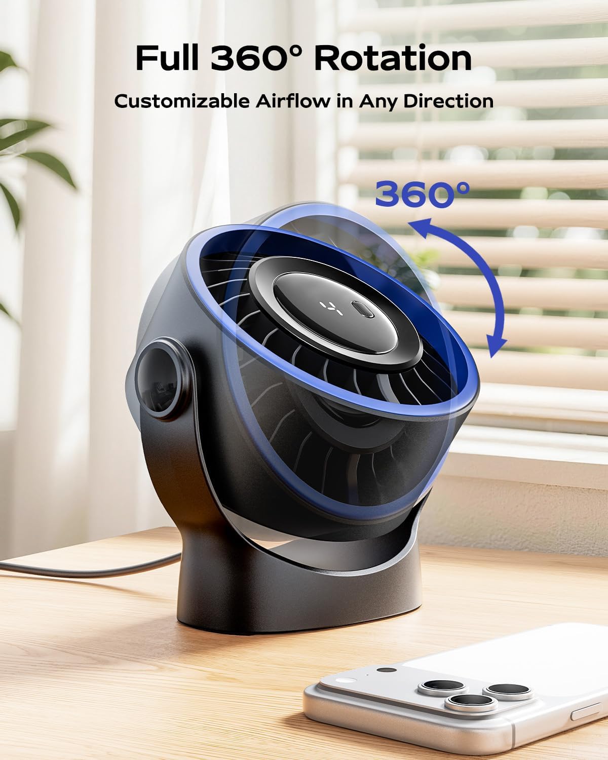 Sweetfull USB Small Desk Fan - 5-Inch Mini Personal Fan with 4 Speeds, 360° Adjustable Tilt, Quiet & Portable - Black