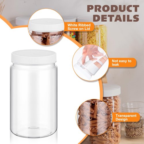 Lallisa 24 Pack 32oz Clear Plastic Jars with Lids Wide Mouth PET Mason Jars Large Clear Empty Plastic Storage Containers with White Leakproof Lids for Household Kitchen Organizing