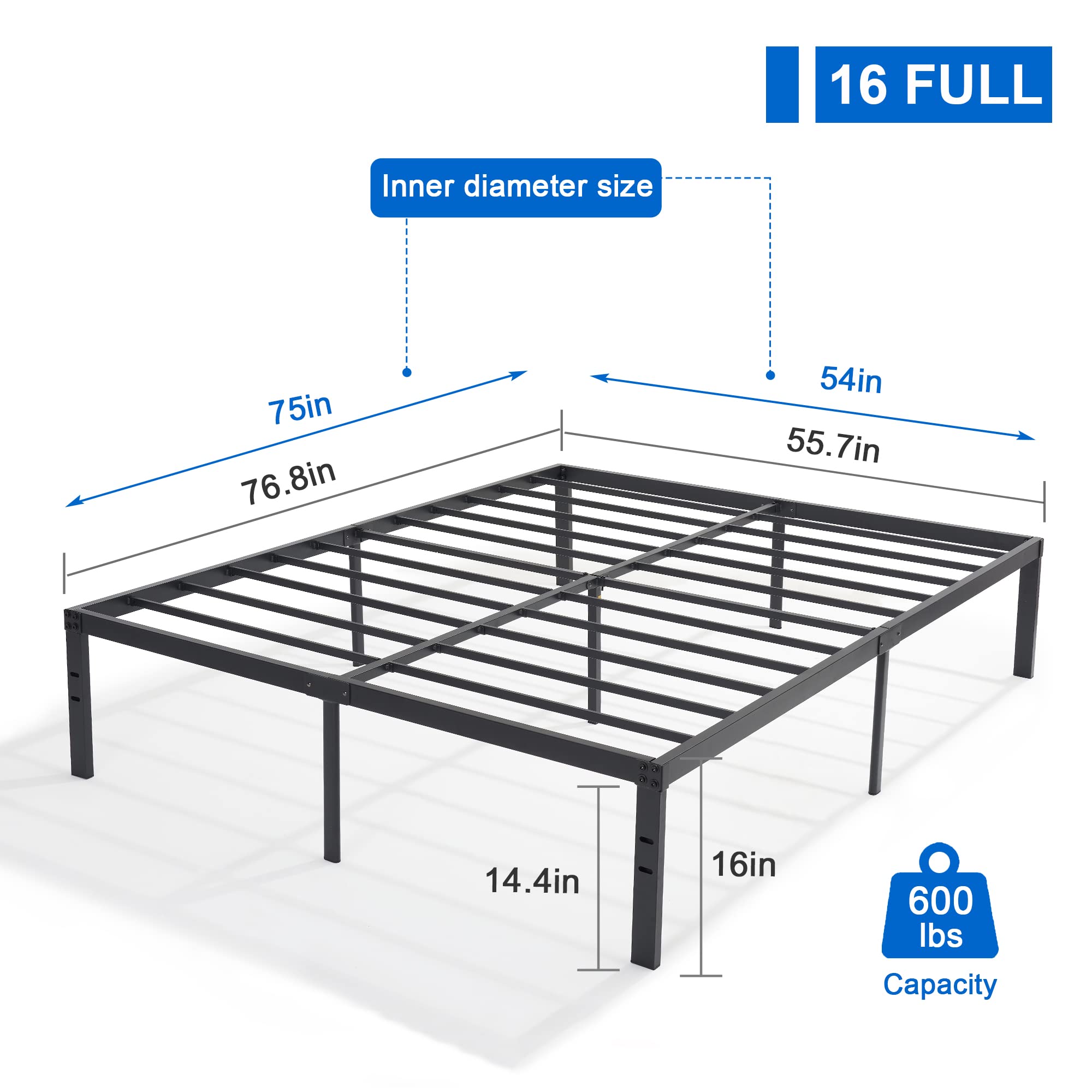 VECELO 16" Full Size Metal Platform Bed Frame,Heavy Duty Steel Slat/Easy Assembly Mattress Foundation/No Box Spring Needed