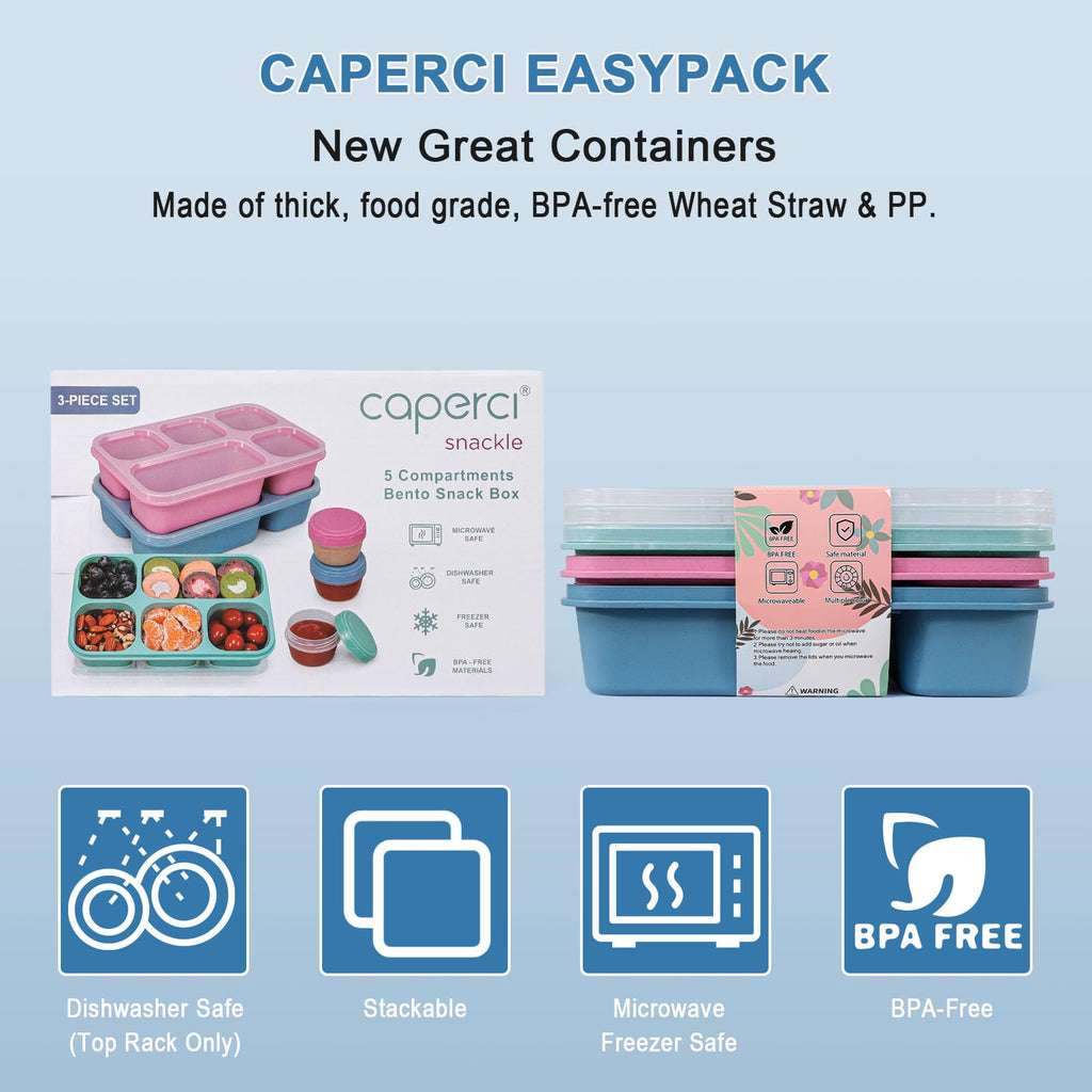 Caperci Bento Box Adult Lunchable Container - Reusable 3-Pack Snack Box Containers with 5-Compartment & 3pc Dressing Cups, BPA-Free Food Storage for Meal Prep, School, Work (Dark & Clear Lids)