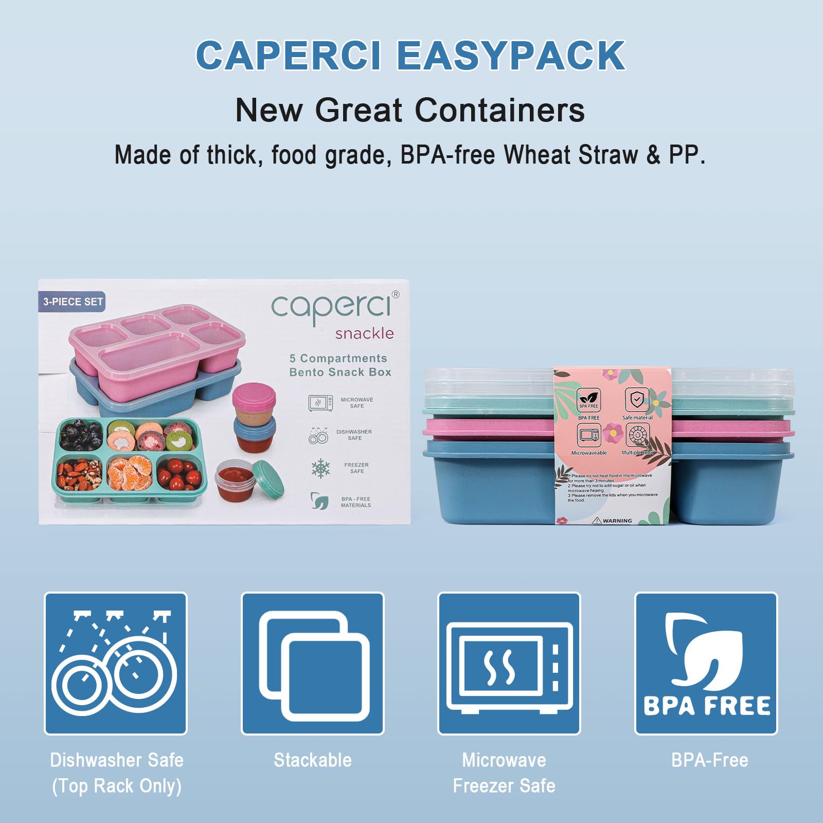 Caperci Bento Box Adult Lunchable Container - Reusable 3-Pack Snack Box Containers with 5-Compartment & 3pc Dressing Cups, BPA-Free Food Storage for Meal Prep, School, Work (Dark & Clear Lids)