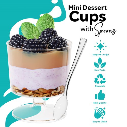 Exquisite Mini Dessert Cups With Spoons 1,000 Pcs - 2 Oz Round Clear Plastic Pudding Cups Disposable With Tasting Spoons 500 Sets | Mini Parfait Cup | Appetizer Cup For Party & Events