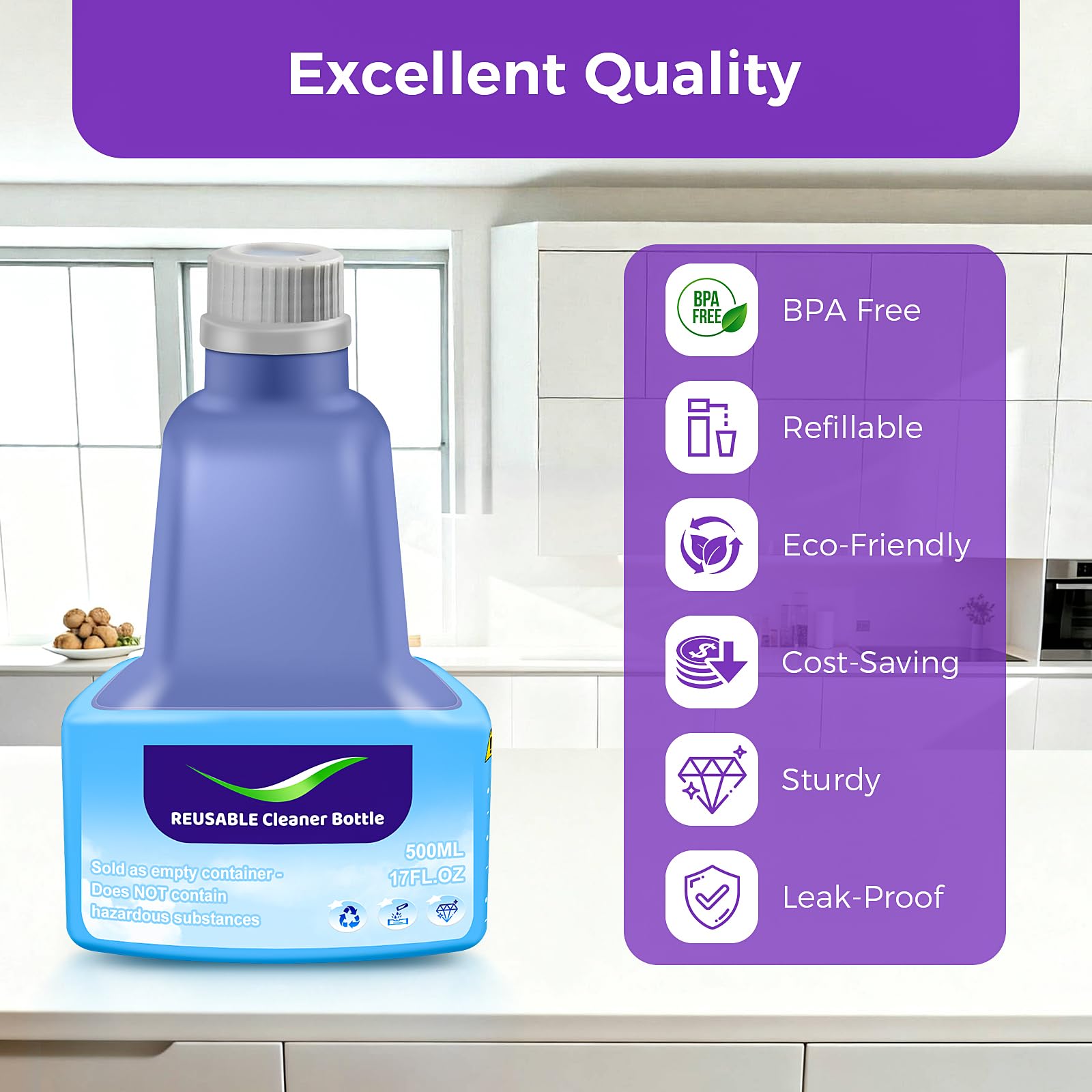 KTNAid Refillable Replacement Bottle for Swiffer® Wet Jet™ Mop, 500ml /17 oz, Empty, Leak-Proof HDPE Cleaner Solution Refill Bottle with 8 Silicone Gaskets & 1 Foldable Funnel