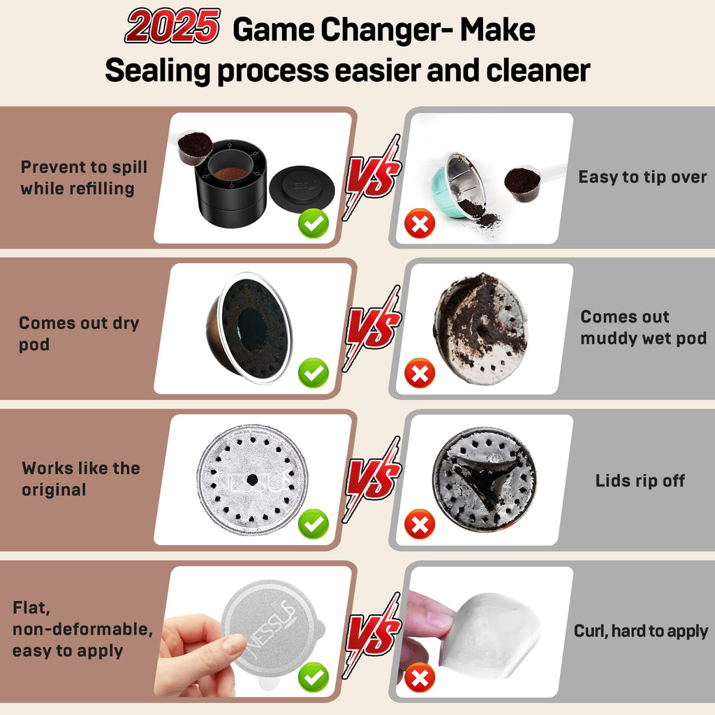 Reusable Pods Kit for Nespresso Vertuo, Refillable Vertuo Coffee Pods Espresso Accessories with 100 pcs Foil Seals Lids, Holder and Brush for Nespresso Vertuo Plus Next Capsule Machine