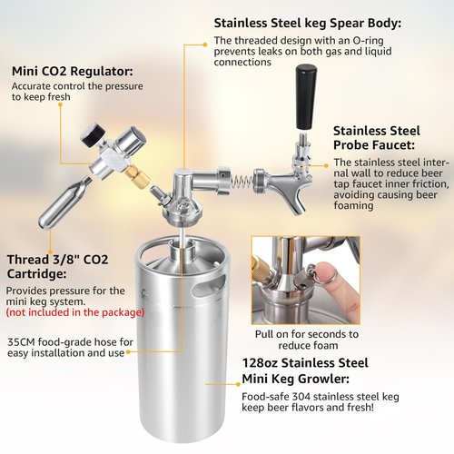 Hgkeke128OZ Mini Keg Growler,Stainless Steel Beer Keg Tap System Portable Draft Beer Dispenser to Keep Fresh and 55PSI CO2 Pressure Growler Carbonation, Beer Tap System for Homebrew, Camping(Silvery)